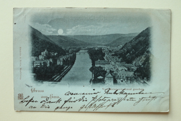 Ansichtskarte Mondschein AK Gruß aus Bad Ems 1898 Strassen Häuser Hotels Villen Architektur Ortsansicht Rheinland Pfalz